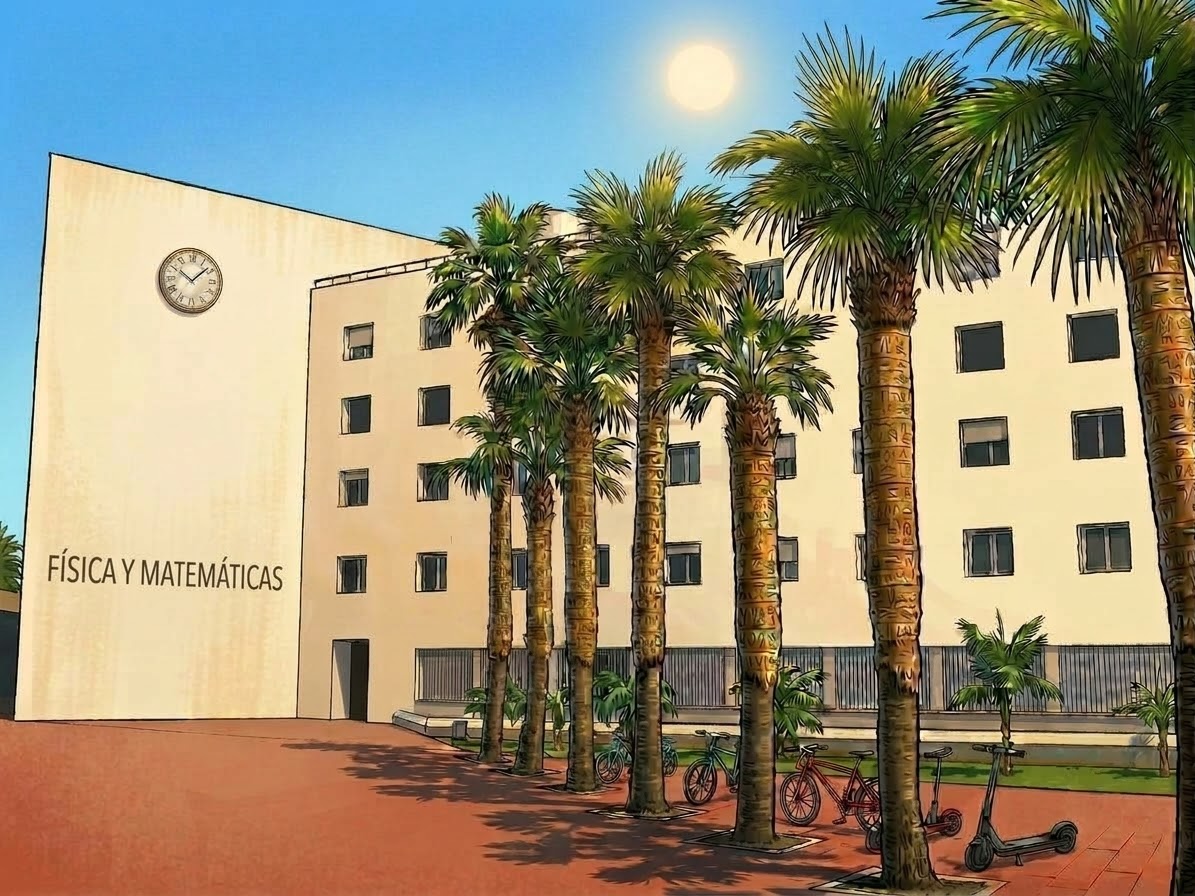 Illustration of the Facultad de Física y Matemáticas building, with a row of palm trees and parked bicycles in front